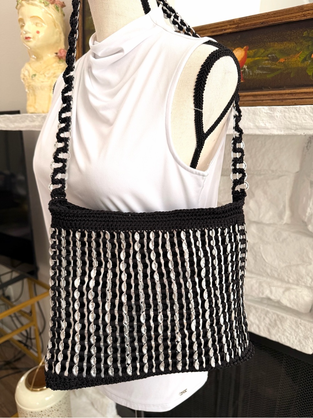 Handmade Black Crochet Aluminum Pop Tab Shoulder Bag Upcycled Y2K - Picture 8 of 11